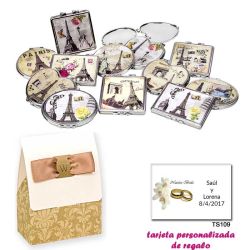 Espejos vintage con motivos de ciudades, con caja de elgante estampado marrón y blanco, y tarjeta personalizada