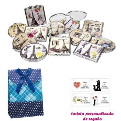 Espejos vintage con motivos de ciudades, con caja de flores y lazo azul, y tarjeta personalizada