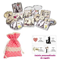 Espejos vintage con motivos de ciudades, con bolsa de lunares de color rosa, y tarjeta personalizada
