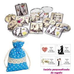 Espejos vintage con motivos de ciudades, con bolsa de lunares de color azul, y tarjeta personalizada