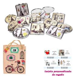 Espejos vintage con motivos de ciudades, con dibujos decorativos y con bicicleta, y tarjeta personalizada