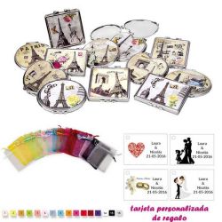 Espejos vintage con motivos de ciudades, con bolsa de organza multicolor, y tarjeta personalizada
