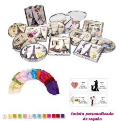 Espejos vintage con motivos de ciudades, con bolsa de raso multicolor, y tarjeta personalizada