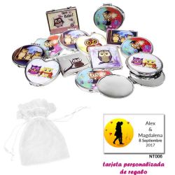 Espejos coloridos con búhos, de diferentes formas, con bolsa blanca de organza, y tarjeta personalizada