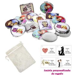 Espejos coloridos con búhos, de diferentes formas, con bolsa blanca de organza, y tarjeta personalizada