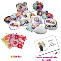 Espejos coloridos con búhos, de diferentes formas, con bolsa de organza con motivos florales multicolor, y tarjeta personalizada