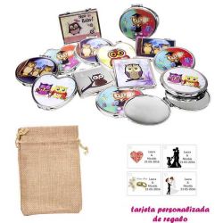 Espejos coloridos con búhos, de diferentes formas, con bolsa de saco marrón y tarjeta personalizada