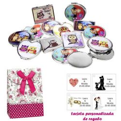 Espejos coloridos con búhos, de diferentes formas, con caja de flores y lazo fucsia, y tarjeta personalizada