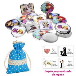 Espejos coloridos con búhos, de diferentes formas, con bolsa de lunares de color azul, y tarjeta personalizada