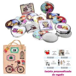 Espejos coloridos con búhos, de diferentes formas, con dibujos decorativos y con bicicleta, y tarjeta personalizada