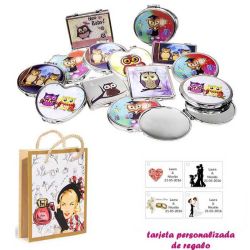 Espejos coloridos con búhos, de diferentes formas, con dibujos de mujer, perfume y belleza, y tarjeta personalizada