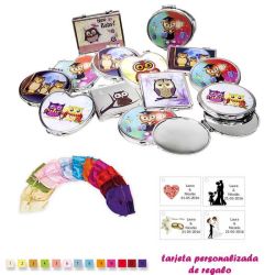 Espejos coloridos con búhos, de diferentes formas, con bolsa de raso multicolor, y tarjeta personalizada