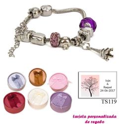 Pulsera Pandora con abalorios morados y colgante de la Torre Eiffel