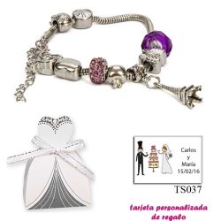 Pulsera Pandora con abalorios morados y colgante de la Torre Eiffel