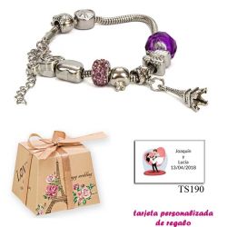 Pulsera Pandora con abalorios morados y colgante de la Torre Eiffel