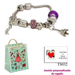 Pulsera Pandora con abalorios morados y colgante de la Torre Eiffel