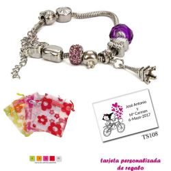 Pulsera Pandora con abalorios morados y colgante de la Torre Eiffel