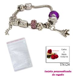 Pulsera Pandora con abalorios morados y colgante de la Torre Eiffel
