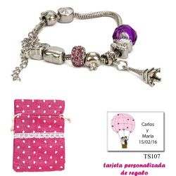 Pulsera Pandora con abalorios morados y colgante de la Torre Eiffel