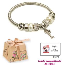 Pulsera con perlas, abalorios y brillantes y colgante con llave corazón