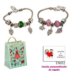Pulsera con abalorios en colores surtidos (verde o rosa) y colgantes de búhos y elefantes