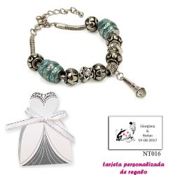 Pulsera con abalorios en color plata y turquesa, con colgante de micrófono