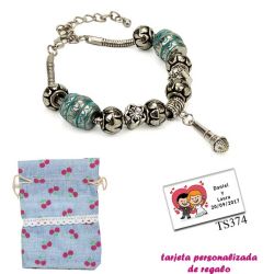 Pulsera con abalorios en color plata y turquesa, con colgante de micrófono