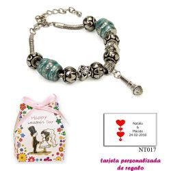 Pulsera con abalorios en color plata y turquesa, con colgante de micrófono
