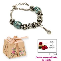 Pulsera con abalorios en color plata y turquesa, con colgante de micrófono