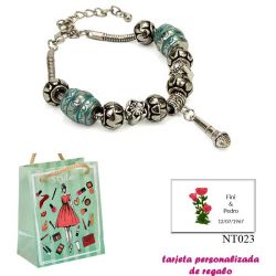 Pulsera con abalorios en color plata y turquesa, con colgante de micrófono