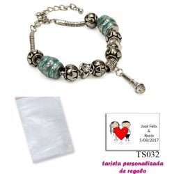 Pulsera con abalorios en color plata y turquesa, con colgante de micrófono