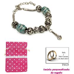 Pulsera con abalorios en color plata y turquesa, con colgante de micrófono