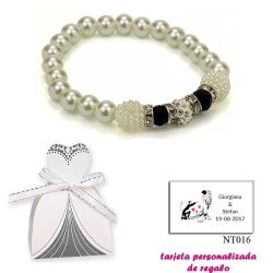 Pulsera de perlas blancas con brillantes, abalorios y piedras negras