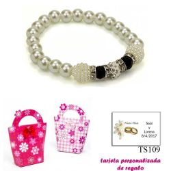 Pulsera de perlas blancas con brillantes, abalorios y piedras negras