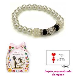 Pulsera de perlas blancas con brillantes, abalorios y piedras negras