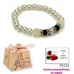 Pulsera de perlas blancas con brillantes, abalorios y piedras negras