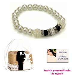 Pulsera de perlas blancas con brillantes, abalorios y piedras negras