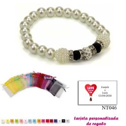 Pulsera de perlas blancas con brillantes, abalorios y piedras negras