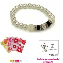 Pulsera de perlas blancas con brillantes, abalorios y piedras negras