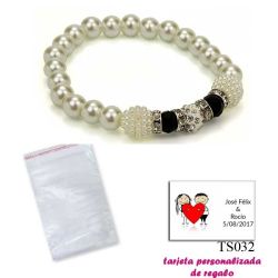 Pulsera de perlas blancas con brillantes, abalorios y piedras negras