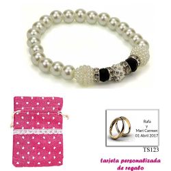 Pulsera de perlas blancas con brillantes, abalorios y piedras negras