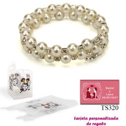 Pulsera doble de perlas blancas con brillantes