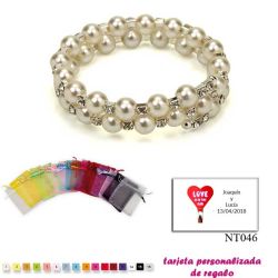 Pulsera doble de perlas blancas con brillantes