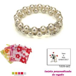 Pulsera doble de perlas blancas con brillantes