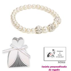 Pulsera de perlas blancas nacarada con 3 piedras con brillantes