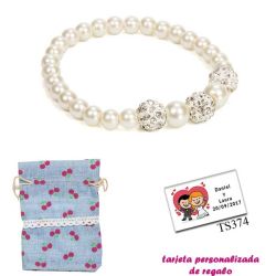 Pulsera de perlas blancas nacarada con 3 piedras con brillantes