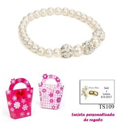 Pulsera de perlas blancas nacarada con 3 piedras con brillantes