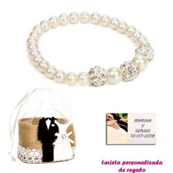 Pulsera de perlas blancas nacarada con 3 piedras con brillantes