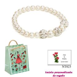 Pulsera de perlas blancas nacarada con 3 piedras con brillantes