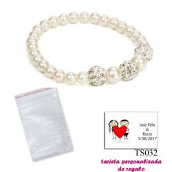 Pulsera de perlas blancas nacarada con 3 piedras con brillantes